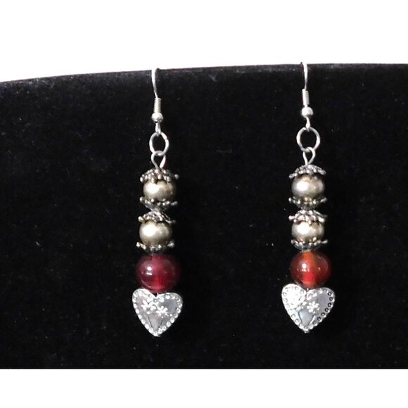 Vintage-Inspired Dangle Earrings Silver Heart Charm Red Metallic Beads 2.5" Long - Picture 2 of 4